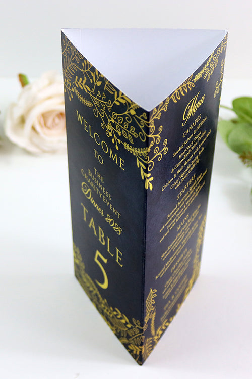Load image into Gallery viewer, Navy &amp; Gold 105 - Personalised Tri-Fold Triangle Menu Cards with Table Number
