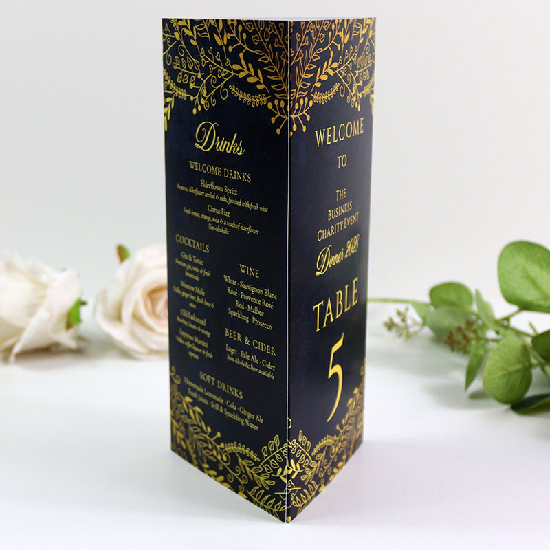 Navy & Gold 105 - Personalised Tri-Fold Triangle Menu Cards with Table Number