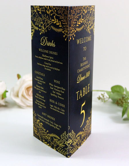 Navy & Gold 105 - Personalised Tri-Fold Triangle Menu Cards with Table Number