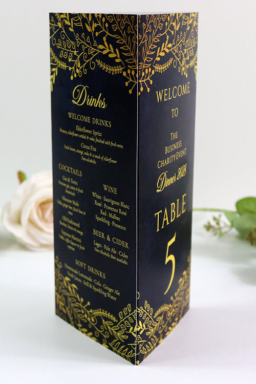 Load image into Gallery viewer, Navy &amp; Gold 105 - Personalised Tri-Fold Triangle Menu Cards with Table Number

