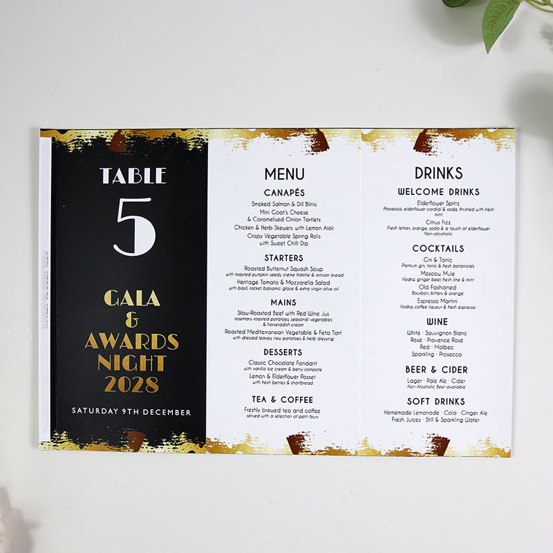 Black, White & Gold 104 - Personalised Tri-Fold Triangle Menu Cards with Table Number