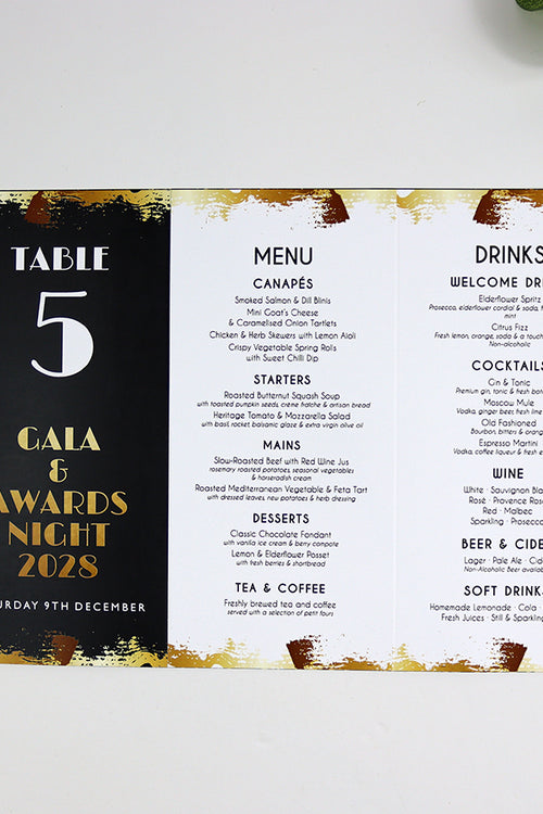 Load image into Gallery viewer, Black, White &amp; Gold 104 - Personalised Tri-Fold Triangle Menu Cards with Table Number
