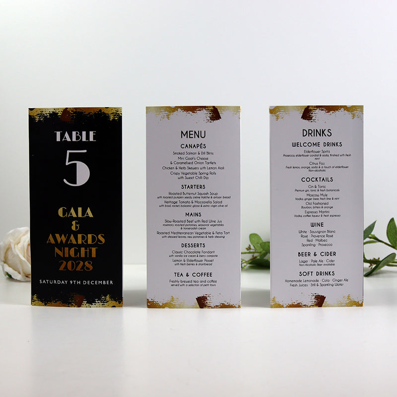 Black, White & Gold 104 - Personalised Tri-Fold Triangle Menu Cards with Table Number