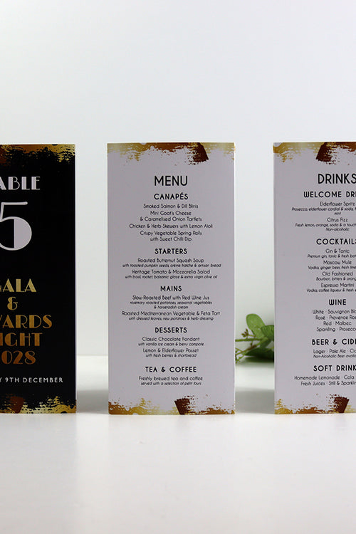 Load image into Gallery viewer, Black, White &amp; Gold 104 - Personalised Tri-Fold Triangle Menu Cards with Table Number

