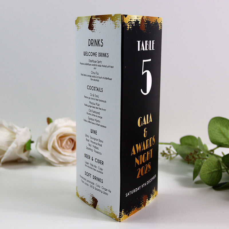Black, White & Gold 104 - Personalised Tri-Fold Triangle Menu Cards with Table Number