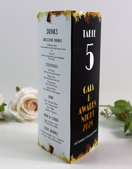 Black, White & Gold 104 - Personalised Tri-Fold Triangle Menu Cards with Table Number