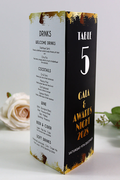 Load image into Gallery viewer, Black, White &amp; Gold 104 - Personalised Tri-Fold Triangle Menu Cards with Table Number
