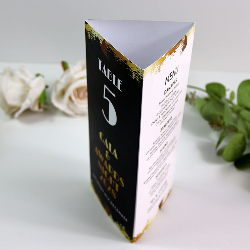 Black, White & Gold 104 - Personalised Tri-Fold Triangle Menu Cards with Table Number