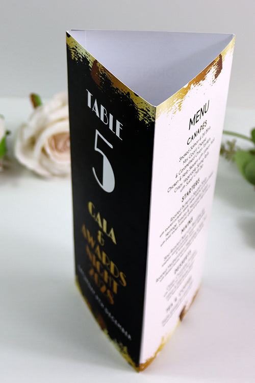 Load image into Gallery viewer, Black, White &amp; Gold 104 - Personalised Tri-Fold Triangle Menu Cards with Table Number
