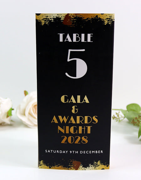 Black, White & Gold 104 - Personalised Tri-Fold Triangle Menu Cards with Table Number