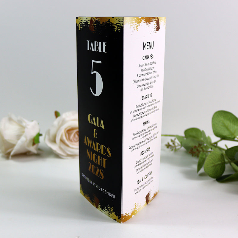 Black, White & Gold 104 - Personalised Tri-Fold Triangle Menu Cards with Table Number
