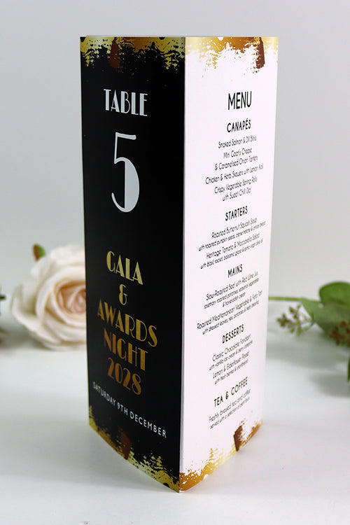 Load image into Gallery viewer, Black, White &amp; Gold 104 - Personalised Tri-Fold Triangle Menu Cards with Table Number
