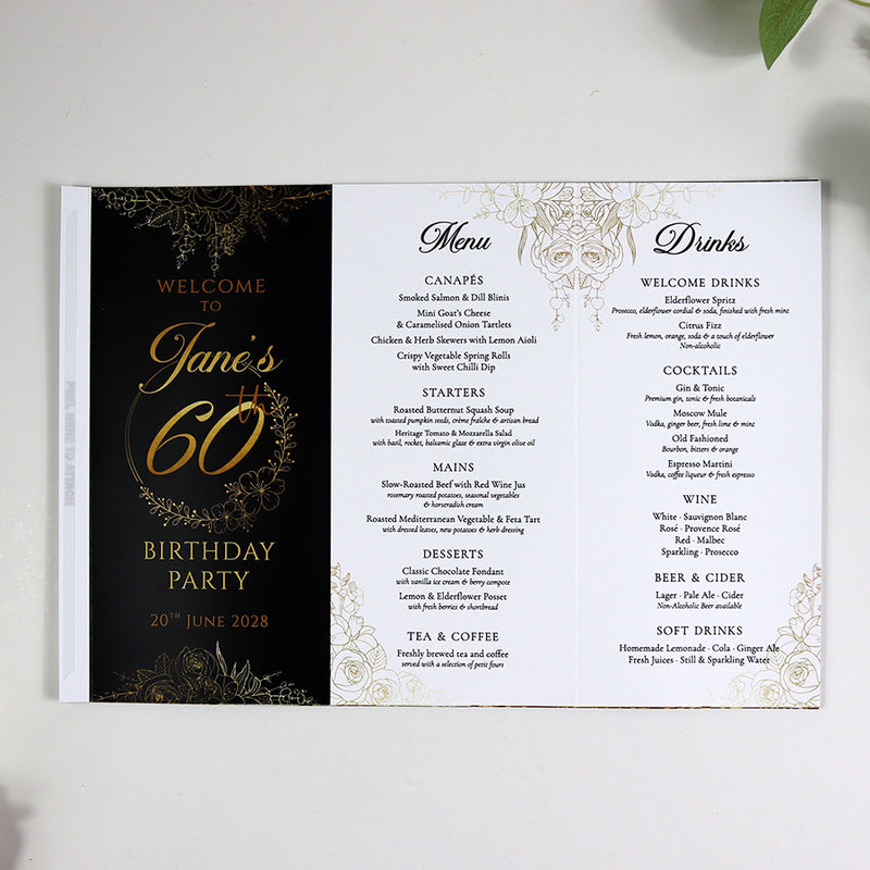 Black, White & Gold 103 - Personalised Tri-Fold Triangle Menu Cards with Table Number
