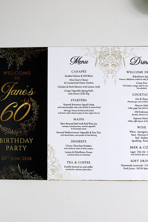 Load image into Gallery viewer, Black, White &amp; Gold 103 - Personalised Tri-Fold Triangle Menu Cards with Table Number
