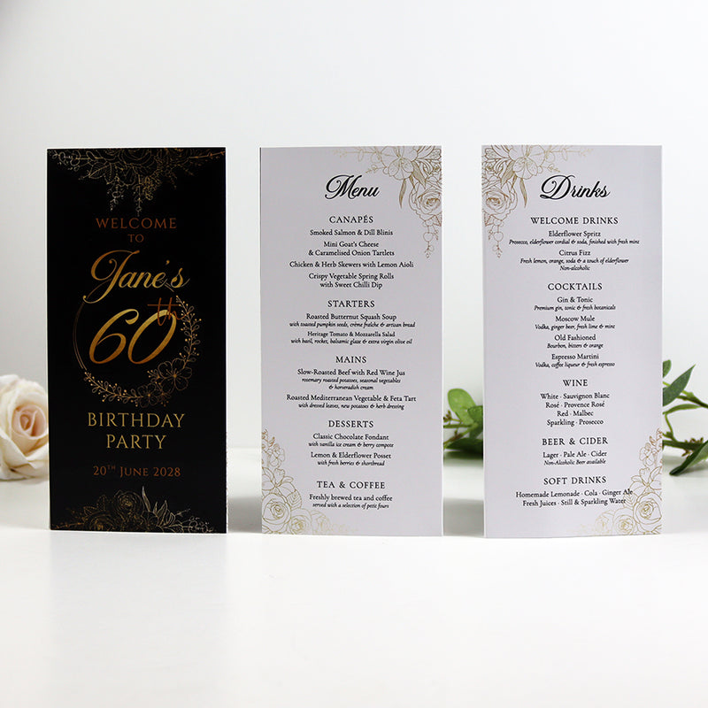 Black, White & Gold 103 - Personalised Tri-Fold Triangle Menu Cards with Table Number