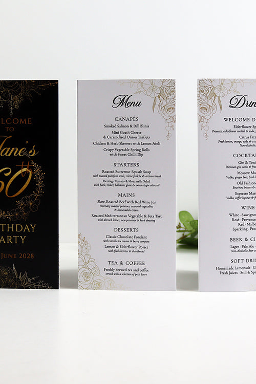 Load image into Gallery viewer, Black, White &amp; Gold 103 - Personalised Tri-Fold Triangle Menu Cards with Table Number
