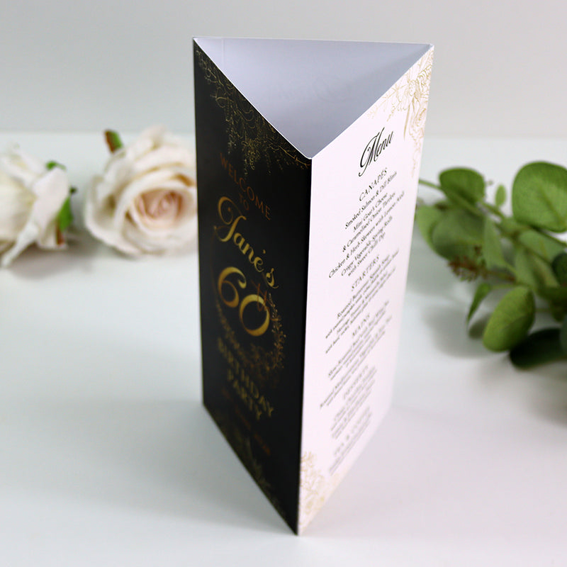 Black, White & Gold 103 - Personalised Tri-Fold Triangle Menu Cards with Table Number