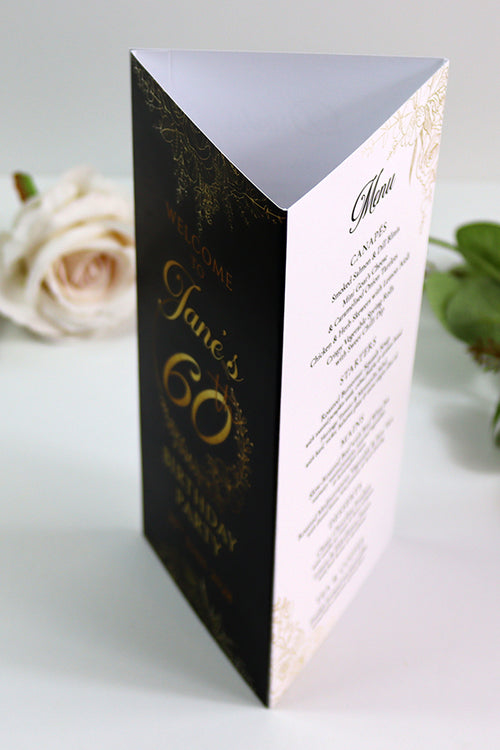 Load image into Gallery viewer, Black, White &amp; Gold 103 - Personalised Tri-Fold Triangle Menu Cards with Table Number
