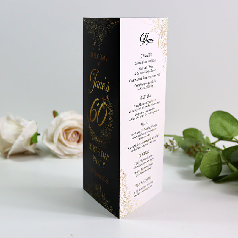 Black, White & Gold 103 - Personalised Tri-Fold Triangle Menu Cards with Table Number