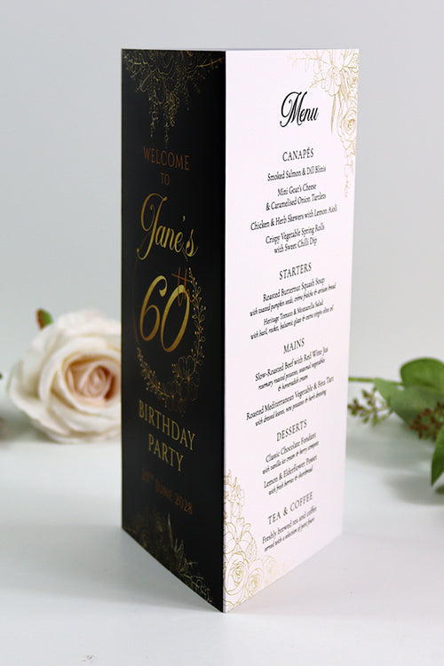 Load image into Gallery viewer, Black, White &amp; Gold 103 - Personalised Tri-Fold Triangle Menu Cards with Table Number
