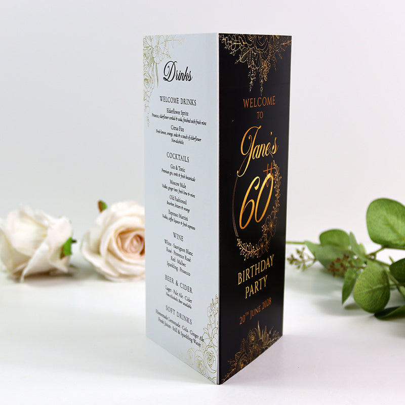 Black, White & Gold 103 - Personalised Tri-Fold Triangle Menu Cards with Table Number