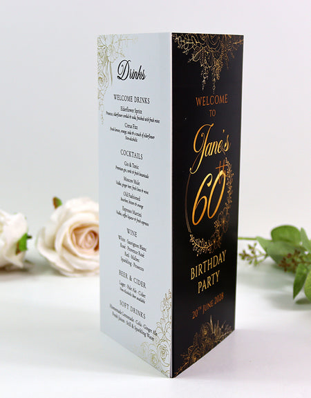 Black, White & Gold 103 - Personalised Tri-Fold Triangle Menu Cards with Table Number