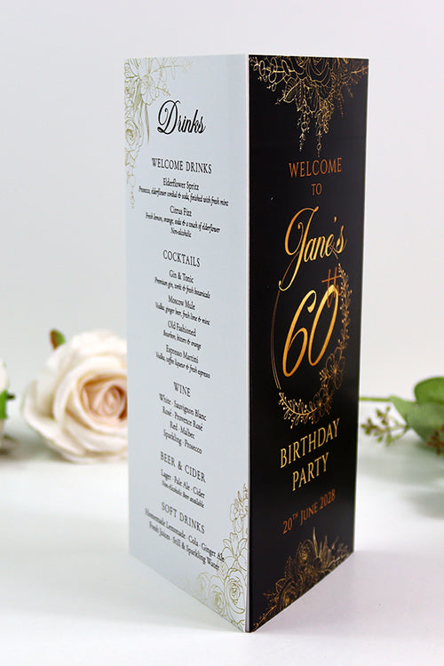 Load image into Gallery viewer, Black, White &amp; Gold 103 - Personalised Tri-Fold Triangle Menu Cards with Table Number
