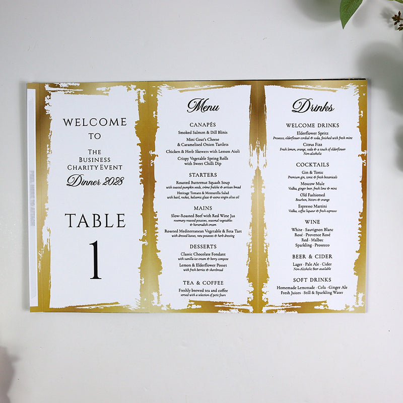 Gold & Cream 102 - Personalised Tri-Fold Triangle Menu Cards with Table Number