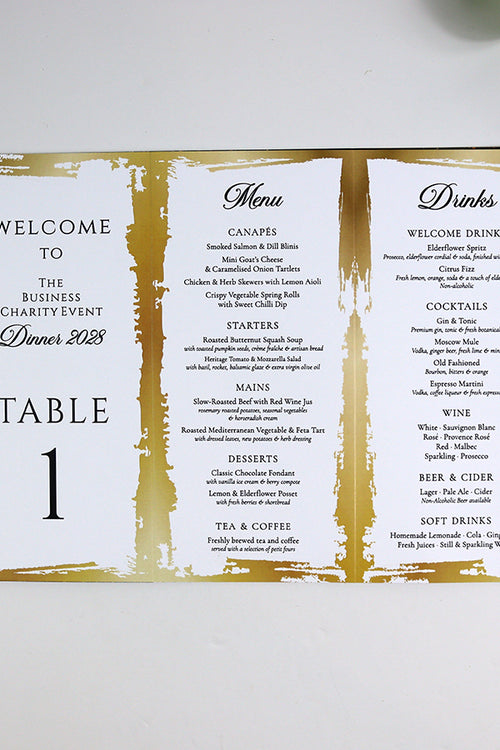Load image into Gallery viewer, Gold &amp; Cream 102 - Personalised Tri-Fold Triangle Menu Cards with Table Number
