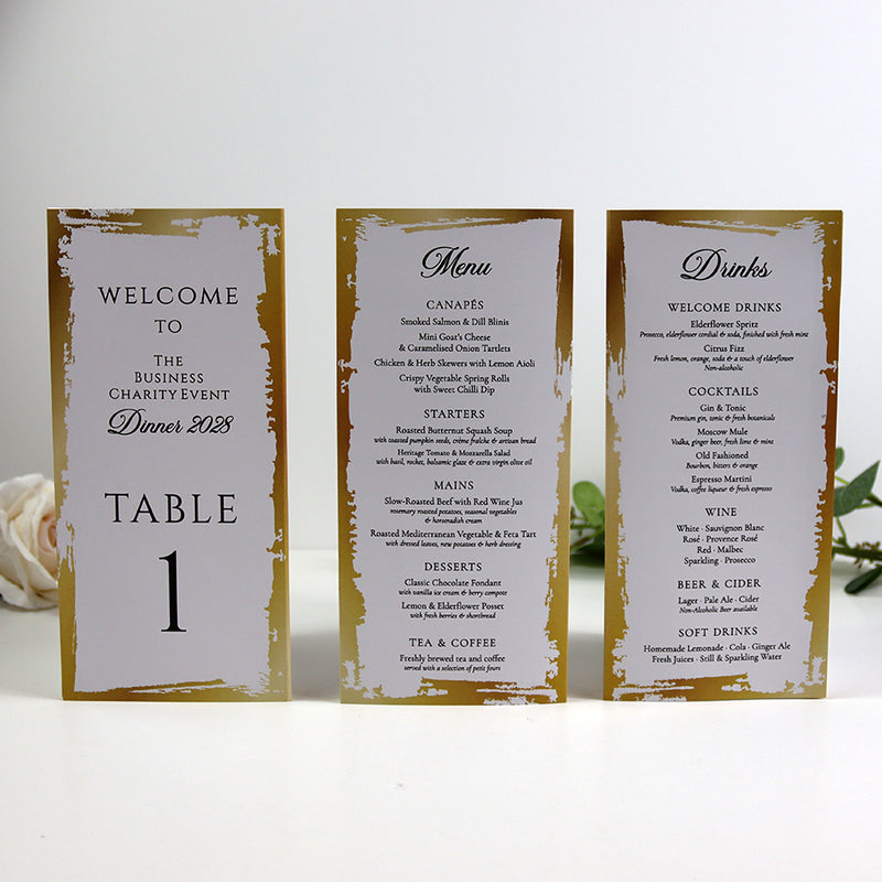 Gold & Cream 102 - Personalised Tri-Fold Triangle Menu Cards with Table Number