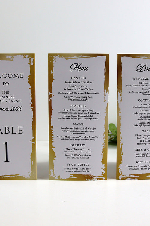 Load image into Gallery viewer, Gold &amp; Cream 102 - Personalised Tri-Fold Triangle Menu Cards with Table Number
