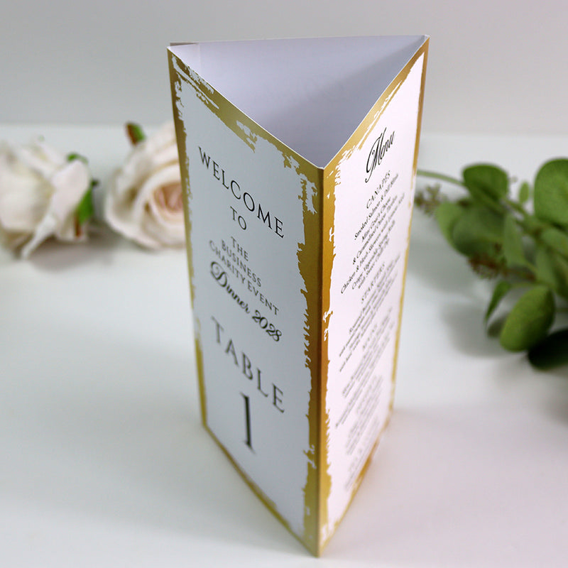 Gold & Cream 102 - Personalised Tri-Fold Triangle Menu Cards with Table Number