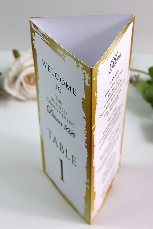 Load image into Gallery viewer, Gold &amp; Cream 102 - Personalised Tri-Fold Triangle Menu Cards with Table Number
