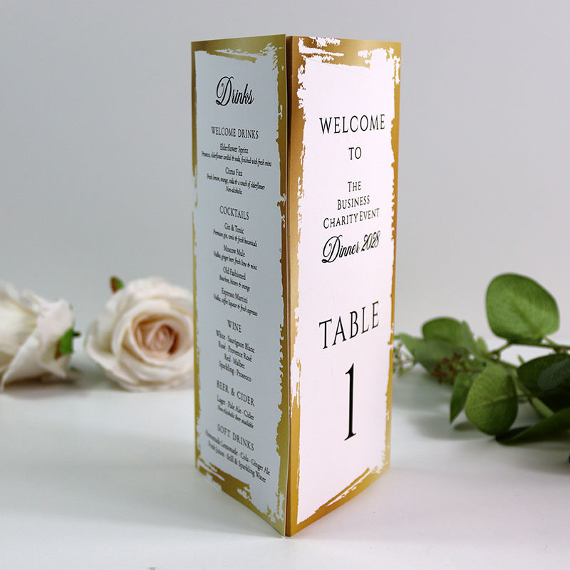 Gold & Cream 102 - Personalised Tri-Fold Triangle Menu Cards with Table Number