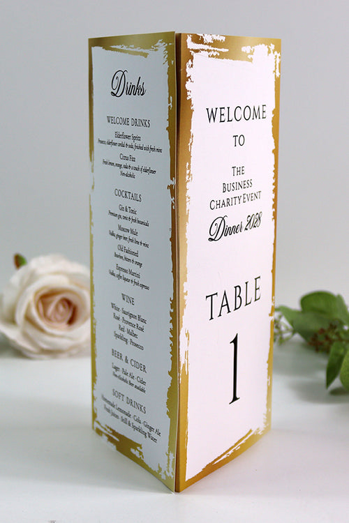 Load image into Gallery viewer, Gold &amp; Cream 102 - Personalised Tri-Fold Triangle Menu Cards with Table Number
