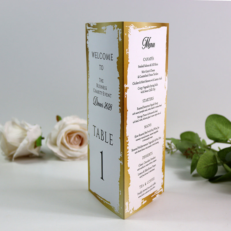 Gold & Cream 102 - Personalised Tri-Fold Triangle Menu Cards with Table Number