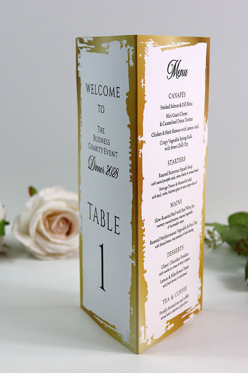Load image into Gallery viewer, Gold &amp; Cream 102 - Personalised Tri-Fold Triangle Menu Cards with Table Number
