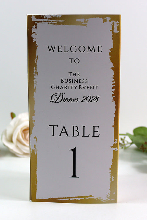 Load image into Gallery viewer, Gold &amp; Cream 102 - Personalised Tri-Fold Triangle Menu Cards with Table Number
