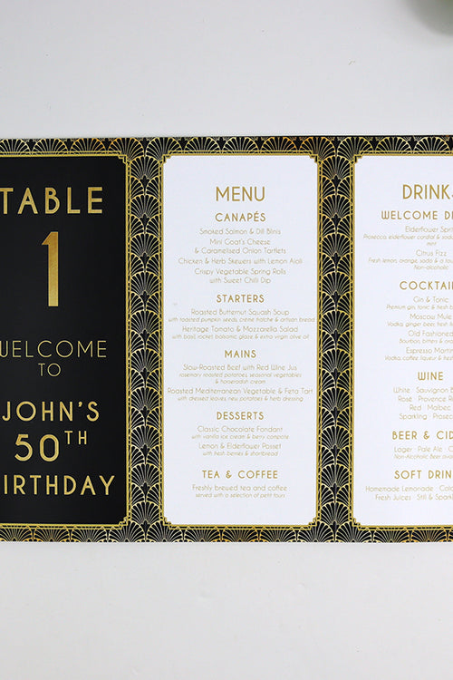 Load image into Gallery viewer, Art Deco 106 - Personalised Tri-Fold Triangle Menu Cards with Table Number
