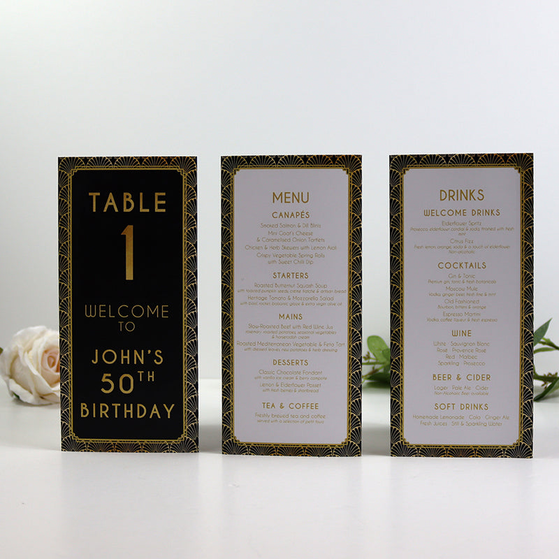 Art Deco 106 - Personalised Tri-Fold Triangle Menu Cards with Table Number