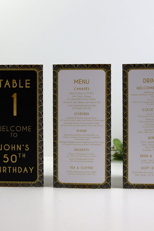 Load image into Gallery viewer, Art Deco 106 - Personalised Tri-Fold Triangle Menu Cards with Table Number
