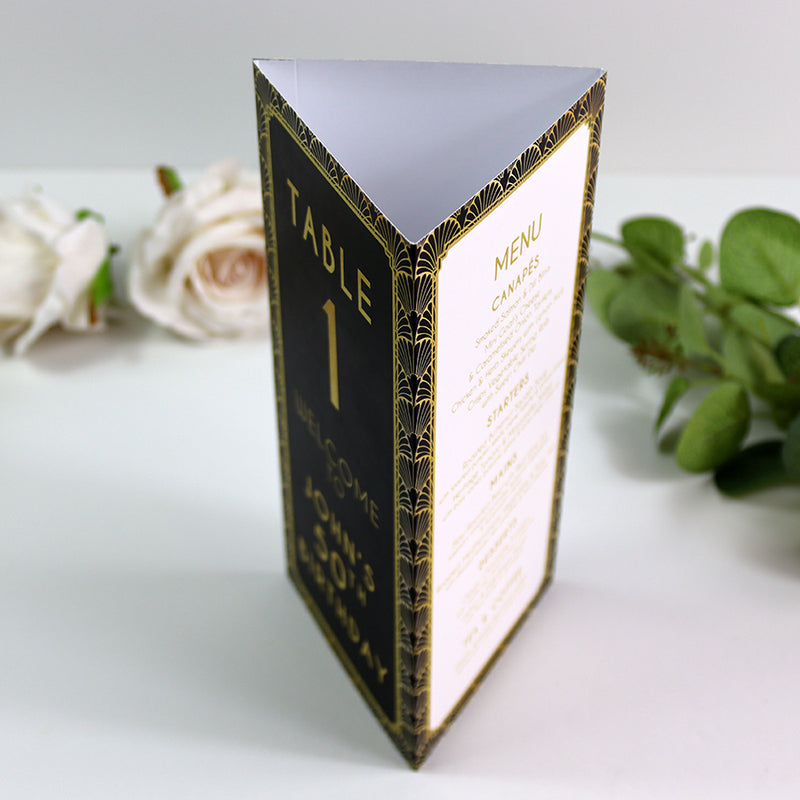 Art Deco 106 - Personalised Tri-Fold Triangle Menu Cards with Table Number