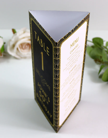Art Deco 106 - Personalised Tri-Fold Triangle Menu Cards with Table Number