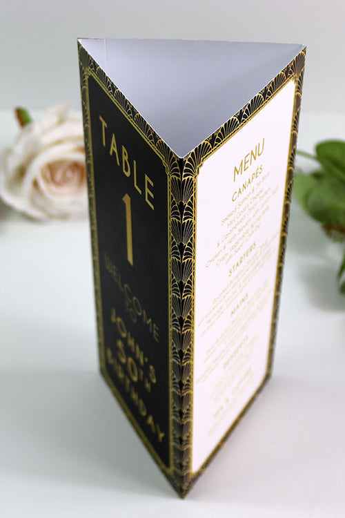 Load image into Gallery viewer, Art Deco 106 - Personalised Tri-Fold Triangle Menu Cards with Table Number
