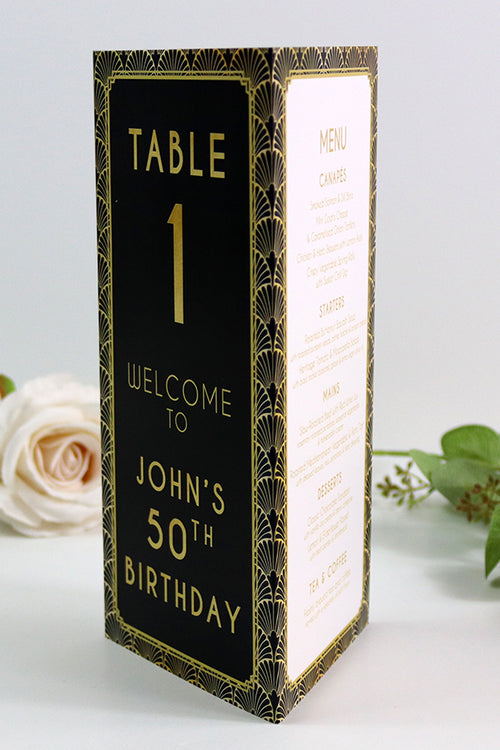 Load image into Gallery viewer, Art Deco 106 - Personalised Tri-Fold Triangle Menu Cards with Table Number
