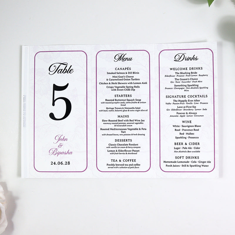 Purple Frame 018 - Personalised Tri-Fold Triangle Menu Cards with Table Number