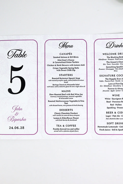 Load image into Gallery viewer, Purple Frame 018 - Personalised Tri-Fold Triangle Menu Cards with Table Number
