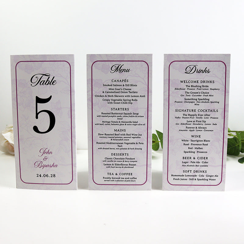 Purple Frame 018 - Personalised Tri-Fold Triangle Menu Cards with Table Number