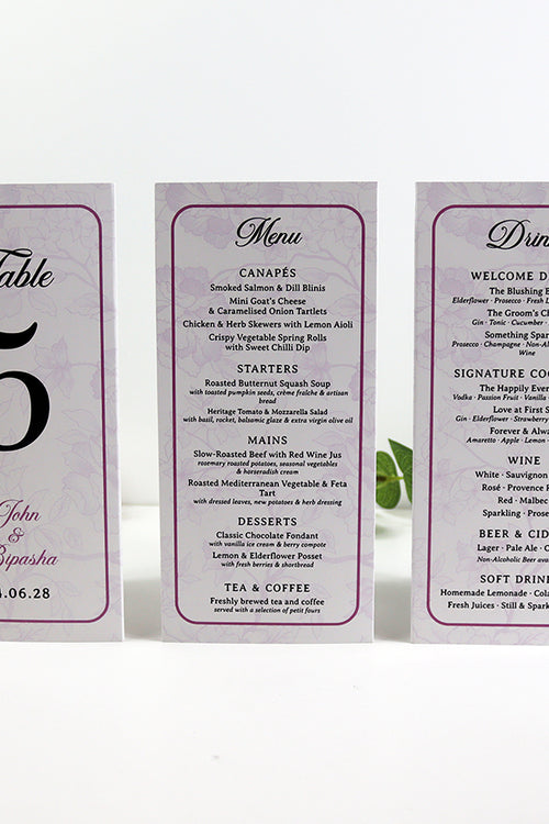 Load image into Gallery viewer, Purple Frame 018 - Personalised Tri-Fold Triangle Menu Cards with Table Number
