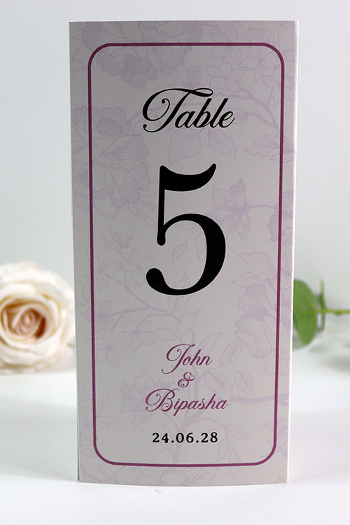 Load image into Gallery viewer, Purple Frame 018 - Personalised Tri-Fold Triangle Menu Cards with Table Number
